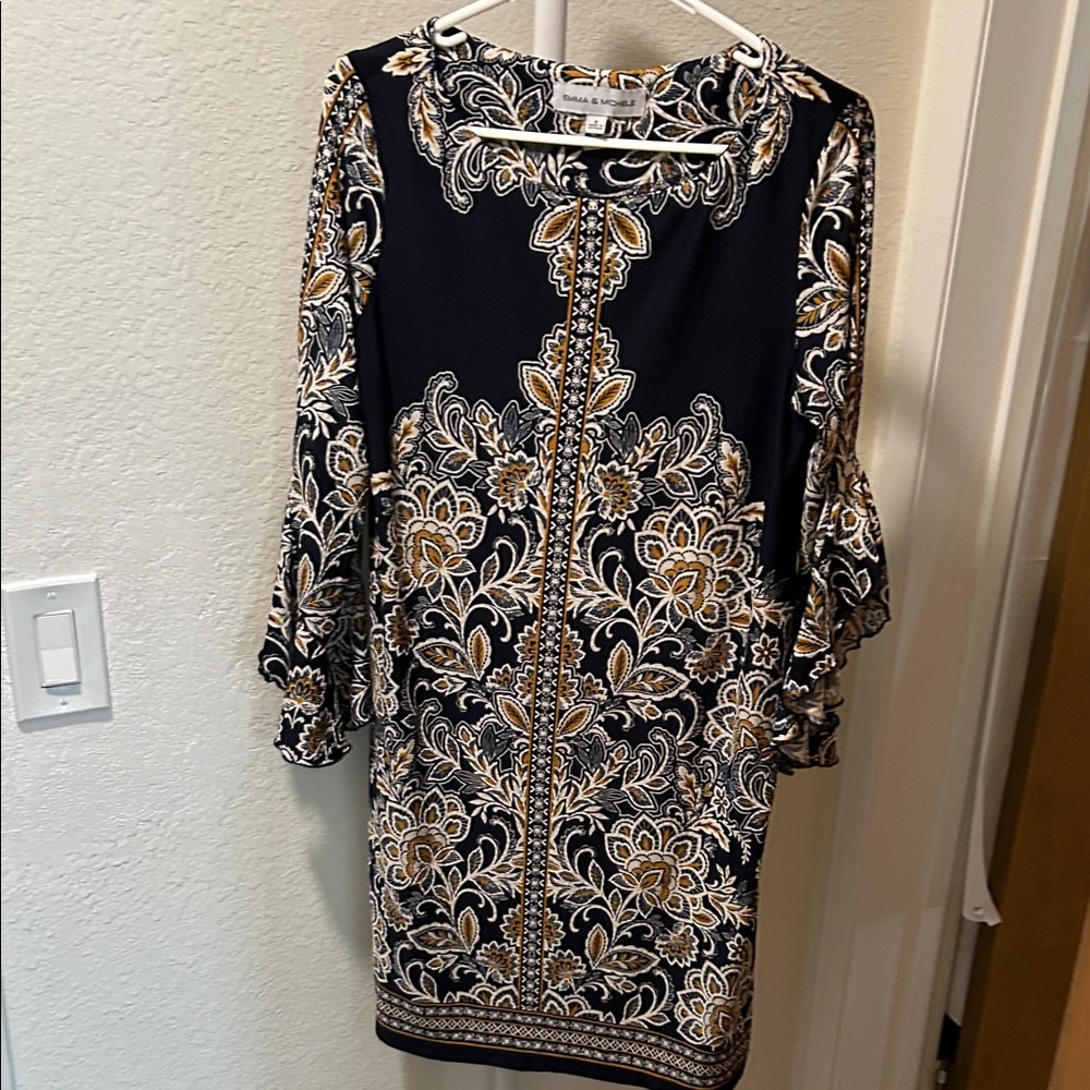 Emma & Michele Black Dress with Gold and Cream Floral Design